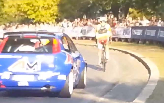Idiot Cyclist Interupts Rally Stage [video]