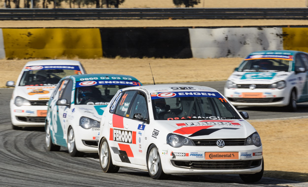 Daniel Rowe holds off the competition during the Engen Volkswagen Cup racing at Phakisa Freeway.