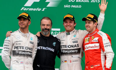 Nico Rosberg (second from right), drove a flawless race to win in Brazil, denying Lewis Hamilton (far left) his 44th race victory. Sebastian Vettel (far right) had hoped to prevent a Mercedes-AMG F1 one-two, but had to settle for third place.