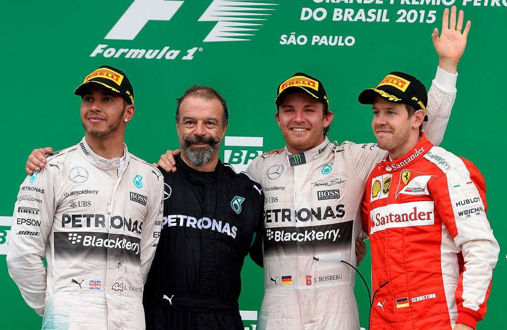 Nico Rosberg (second from right), drove a flawless race to win in Brazil, denying Lewis Hamilton (far left) his 44th race victory. Sebastian Vettel (far right) had hoped to prevent a Mercedes-AMG F1 one-two, but had to settle for third place.