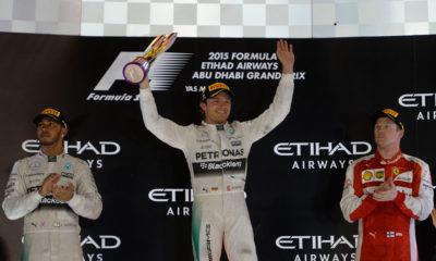 Mercedes-AMG F1 pilot Nico Rosberg (centre) ended the season in style with an untroubled win at Yas Marino. Lewis Hamilton (left) employed a different strategy, but could not outfox his team-mate. Kimi Raikkonen was a solid third for Ferrari.