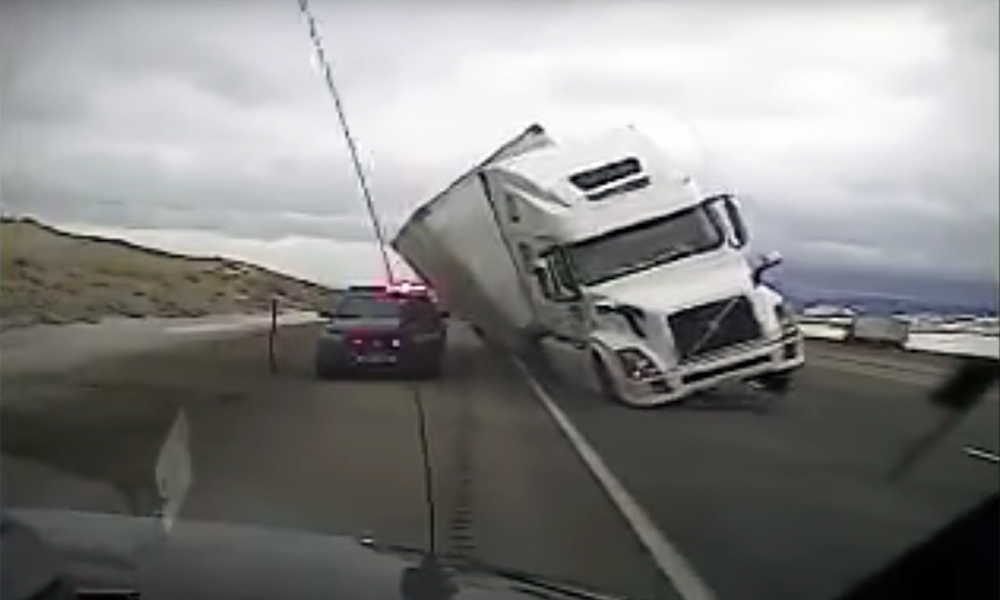 Truck tipped over by wind