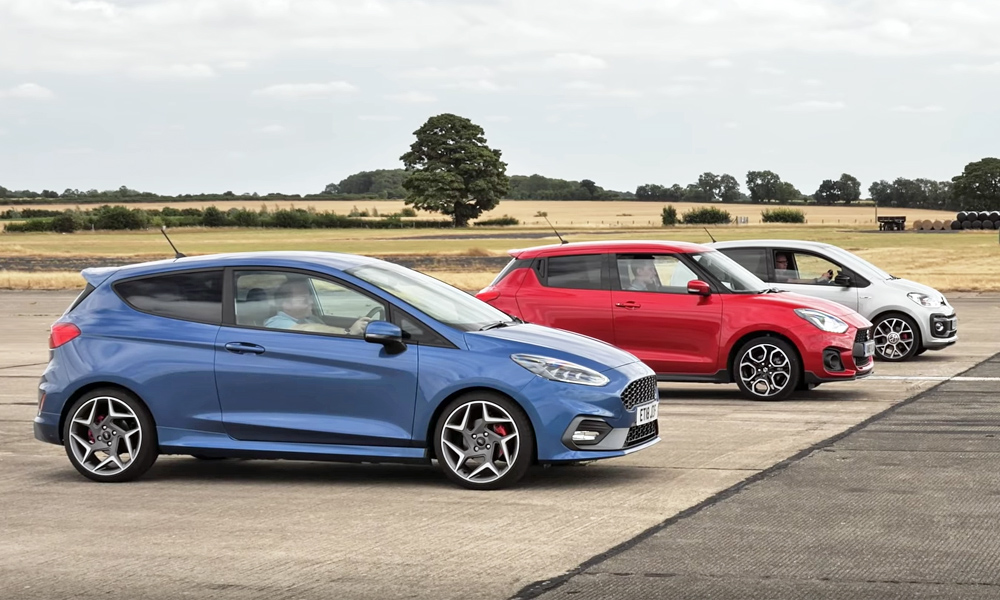Hatchback drag race with Up GTI, Fiesta ST and Swift Sport
